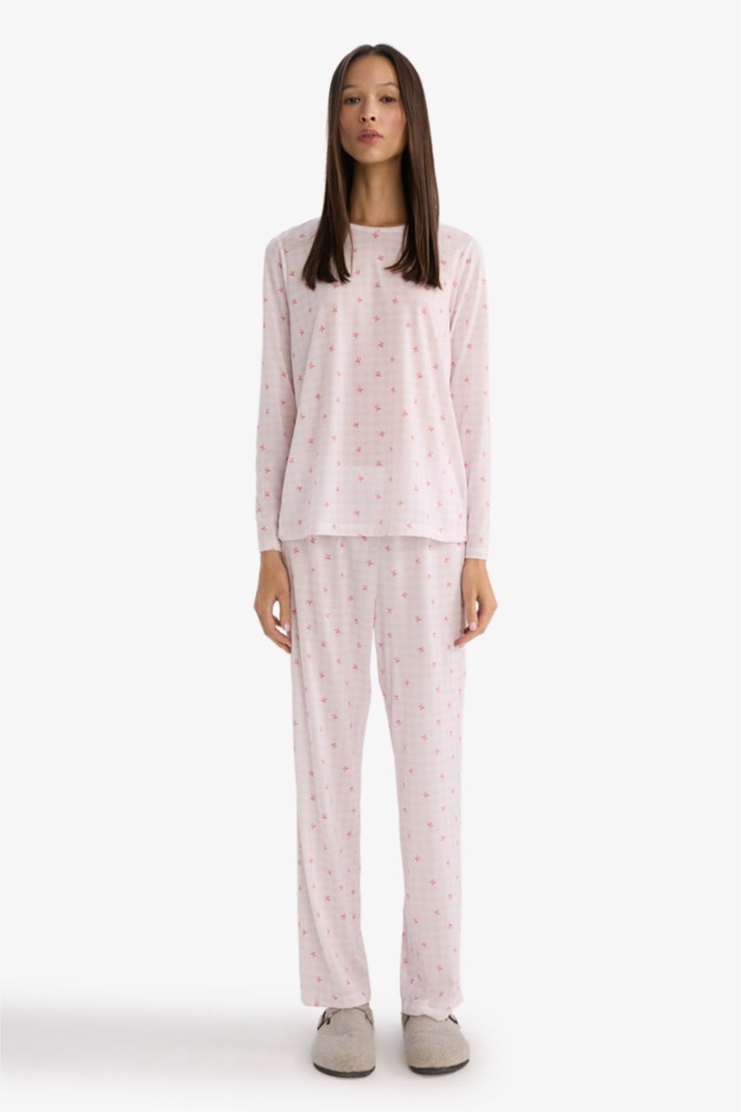 Kadın Açık Pembe Pijama Takımı Regular Fit Desenli Uzun Kollu Üst Uzun Alt