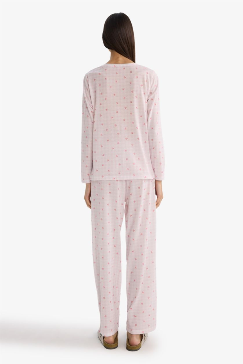 Kadın Açık Pembe Pijama Takımı Regular Fit Desenli Uzun Kollu Üst Uzun Alt