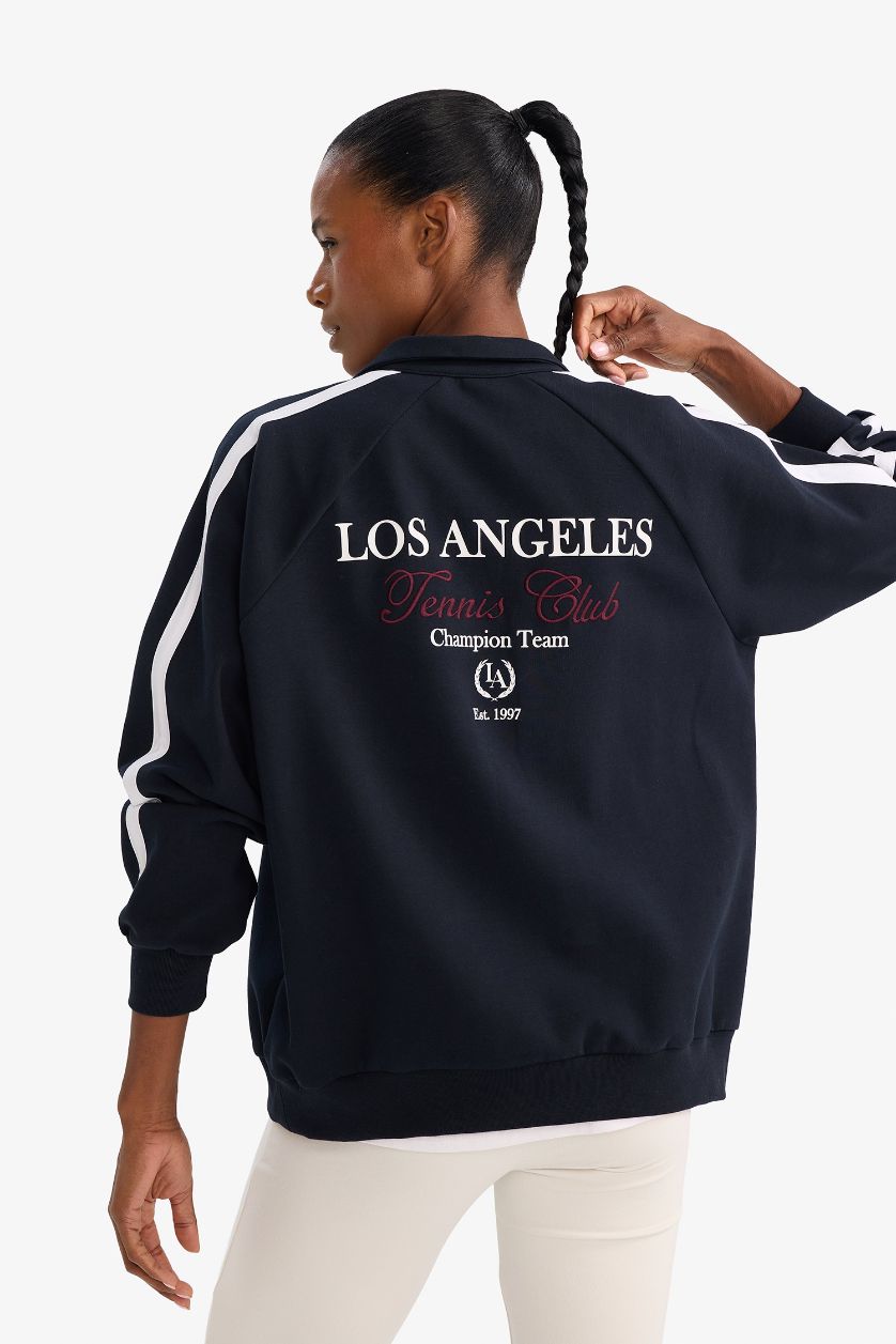 Kadın Lacivert Oversıze Polo Yaka Spor Baskılı Sweatshirt