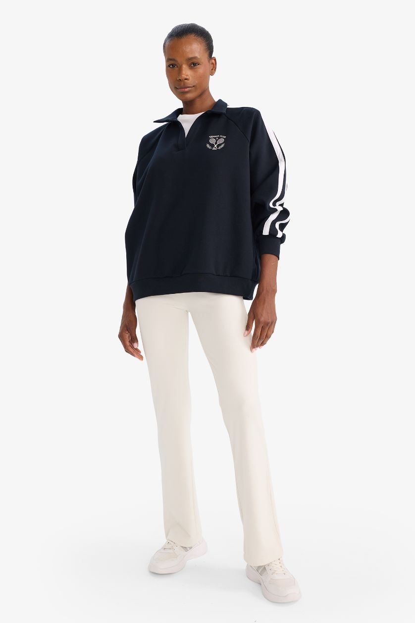 Kadın Lacivert Oversıze Polo Yaka Spor Baskılı Sweatshirt