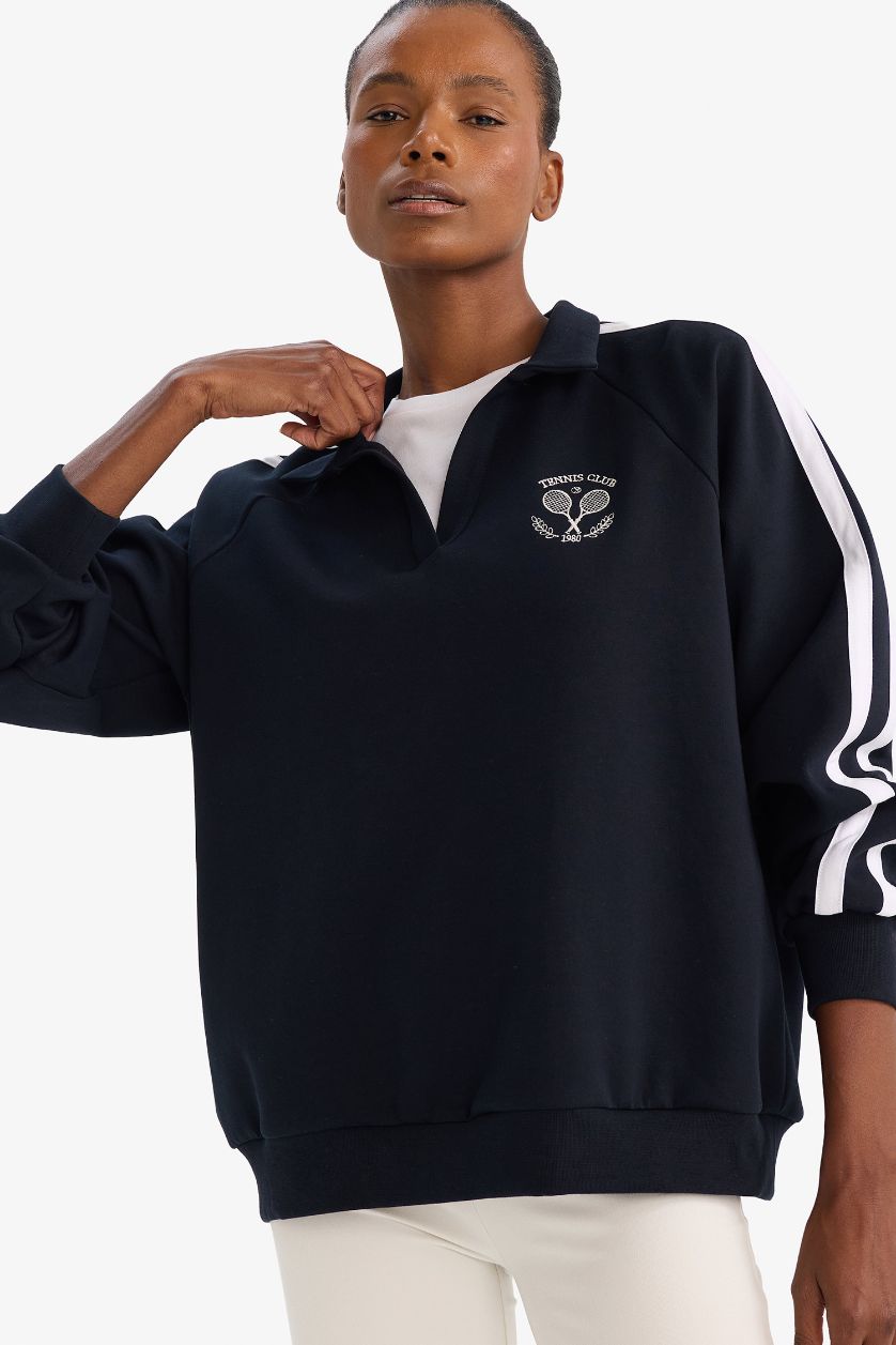 Kadın Lacivert Oversıze Polo Yaka Spor Baskılı Sweatshirt