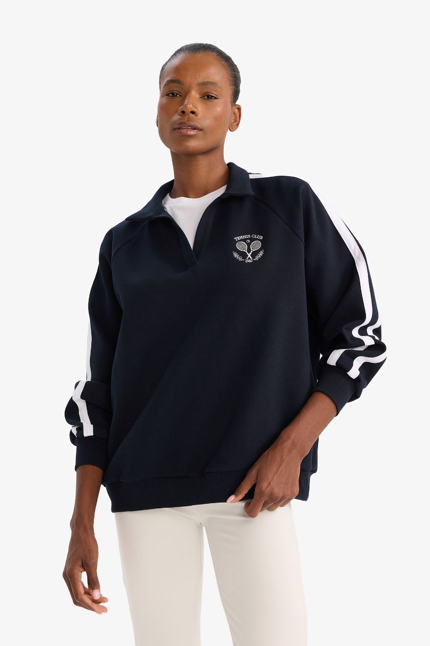 Kadın Lacivert Oversıze Polo Yaka Spor Baskılı Sweatshirt