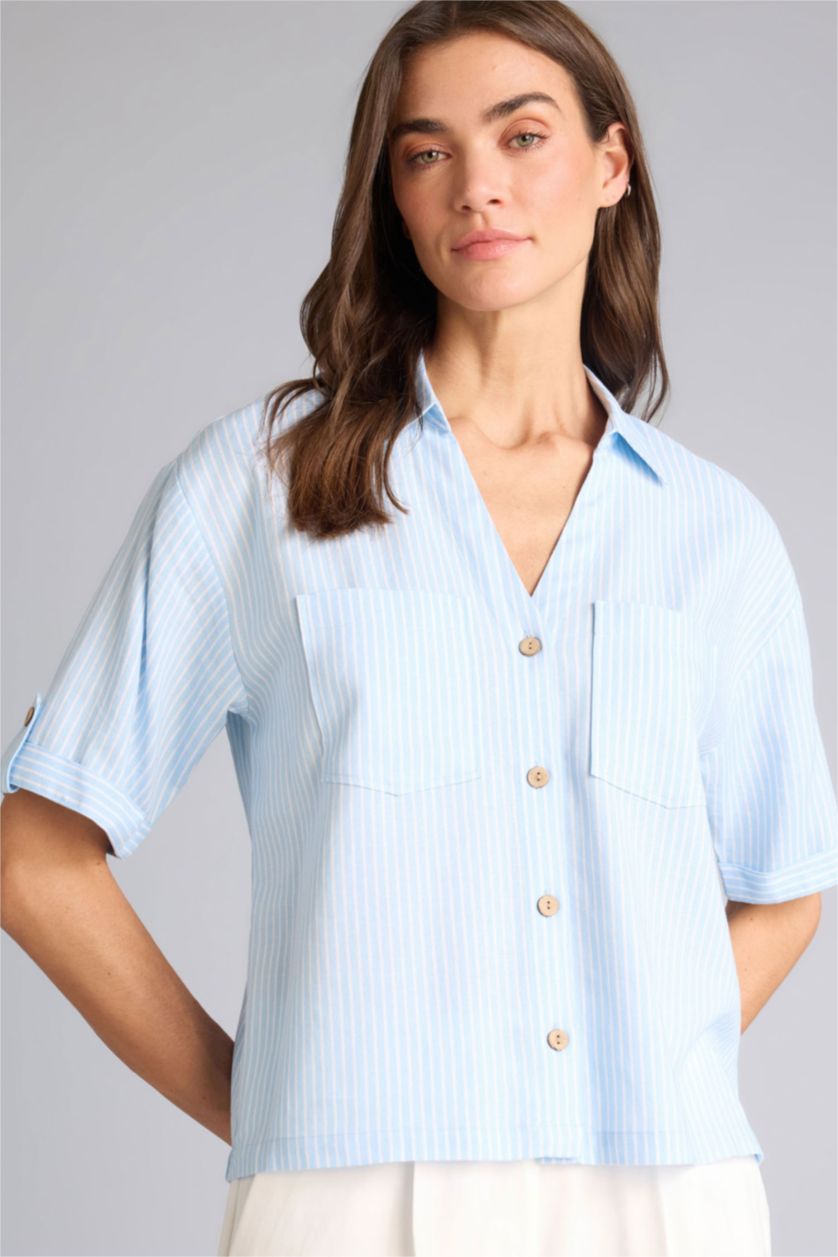 Женщины Светло-синий Рубашка Boxy Fit из смесового льна в полоску с рубашечным воротником и коротким рукавом