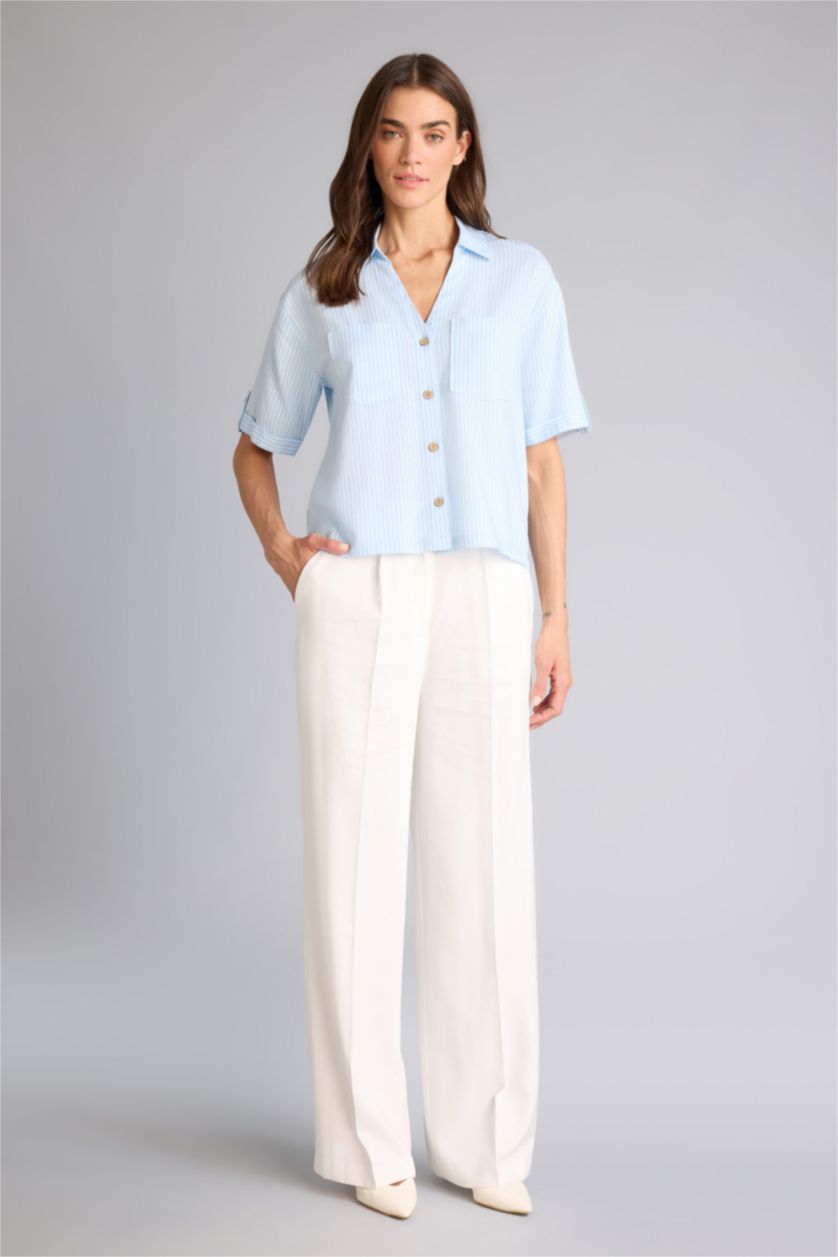 Женщины Светло-синий Рубашка Boxy Fit из смесового льна в полоску с рубашечным воротником и коротким рукавом
