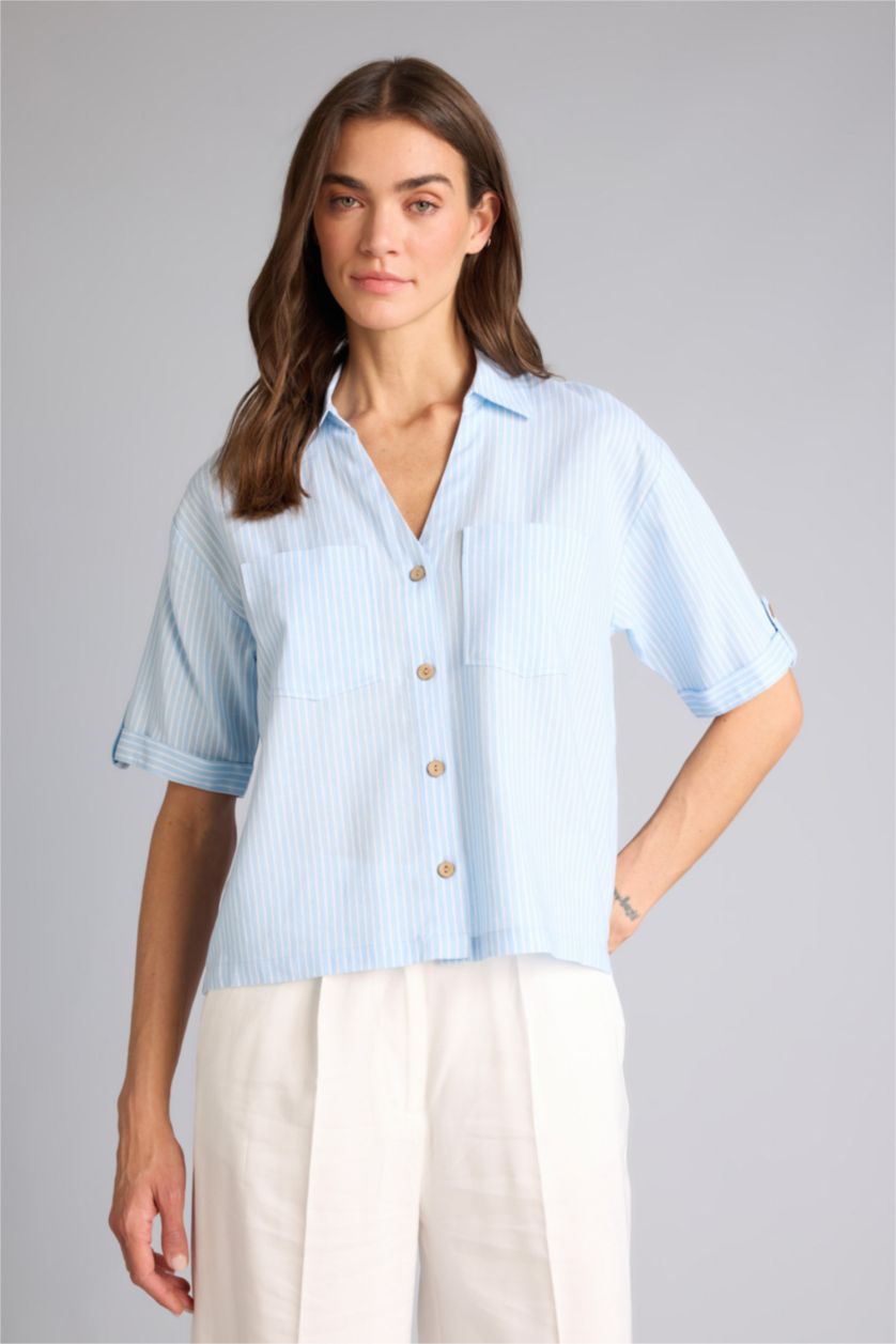Женщины Светло-синий Рубашка Boxy Fit из смесового льна в полоску с рубашечным воротником и коротким рукавом
