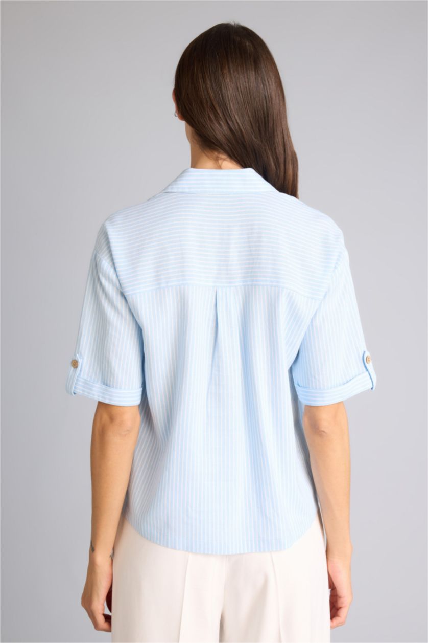 Женщины Светло-синий Рубашка Boxy Fit из смесового льна в полоску с рубашечным воротником и коротким рукавом