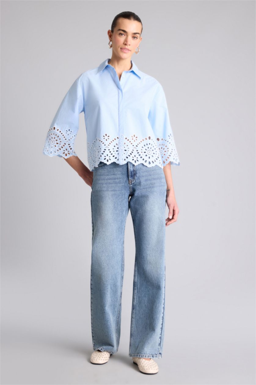 Women Light Blue Regular Fit brode Long Sleeve Shirt
