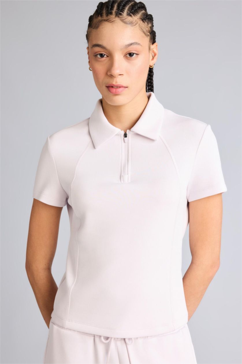 WOMAN Light Pink Slim Fit Polo Collar modal Short Sleeve T-Shirt