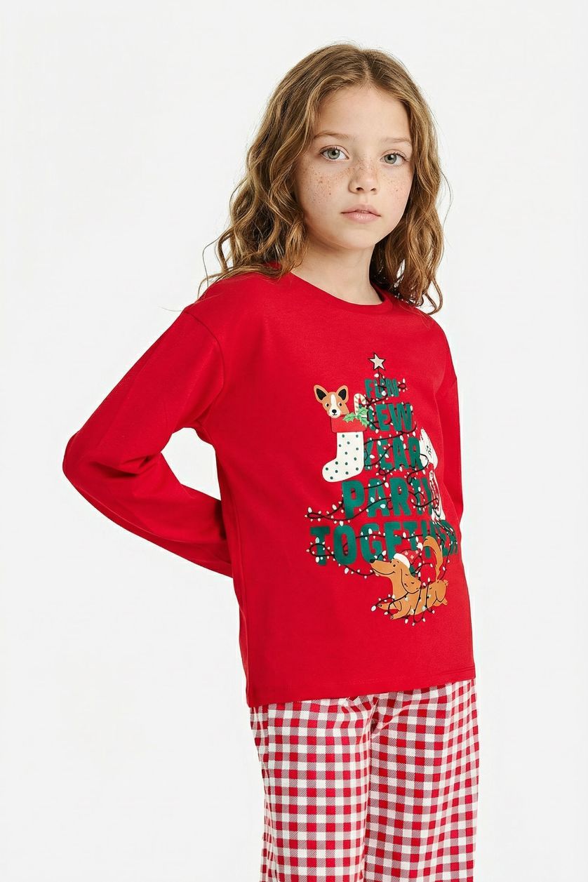 Kız Çocuk - Genç Kız Kırmızı Yılbaşı Temalı Pijama Takımı Uzun Kollu Üst Uzun Alt Kız Çocuk