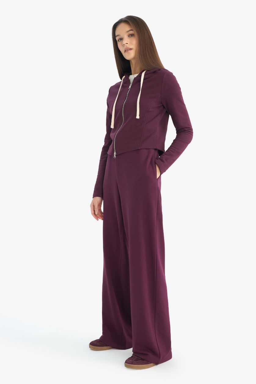 Kadın Bordo Beli Bağcıklı Geniş Paça Eşofman Altı