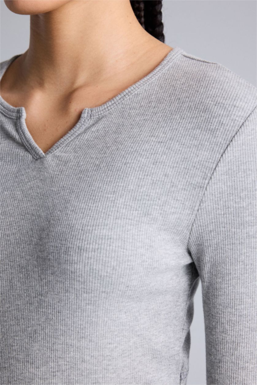 Kadın Gri Melanj Slım Fıt Bisiklet Yaka Sporcu Modal Uzun Kollu Tişört