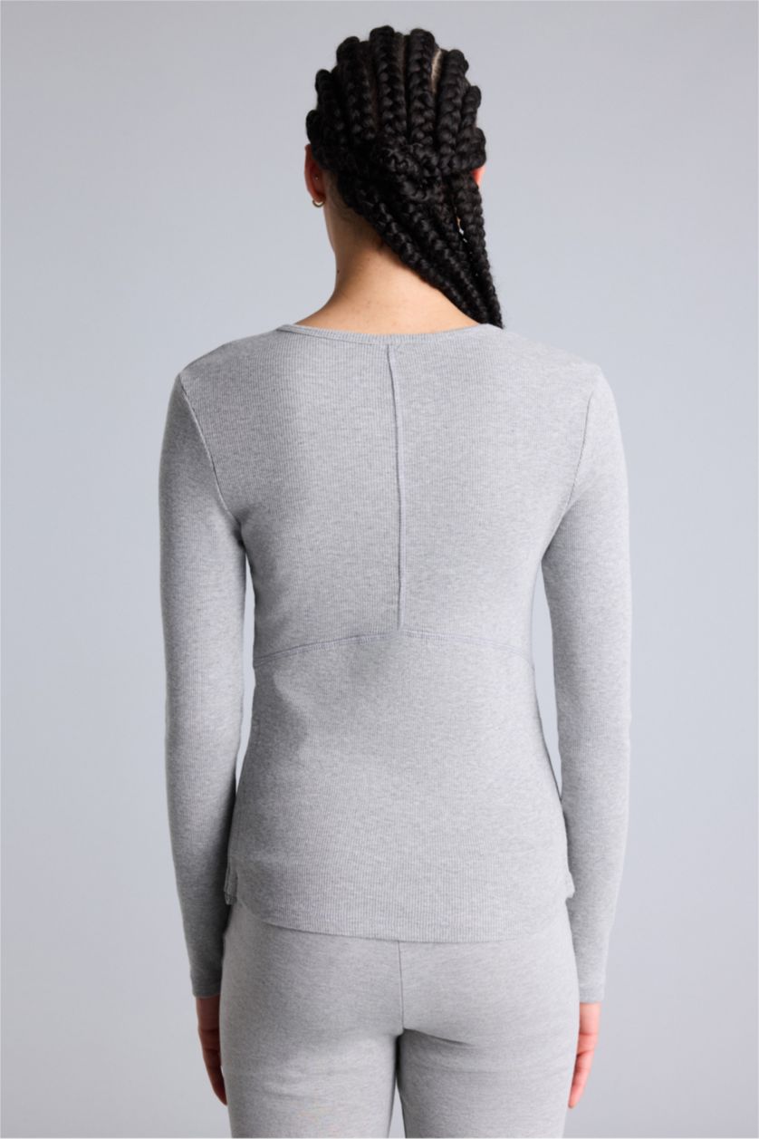 Kadın Gri Melanj Slım Fıt Bisiklet Yaka Sporcu Modal Uzun Kollu Tişört