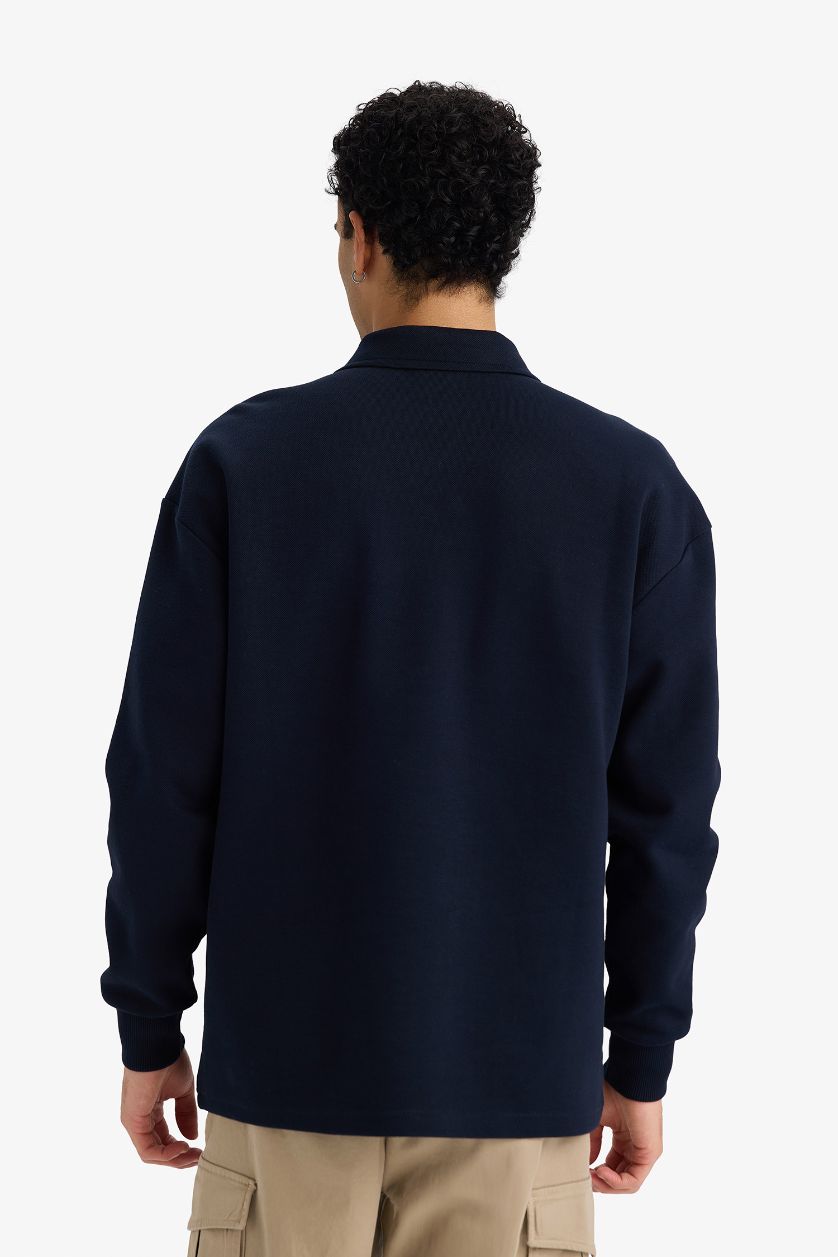 Erkek Lacivert Boxy Fit Polo Yaka Yarım Fermuarlı Pike Sweatshirt