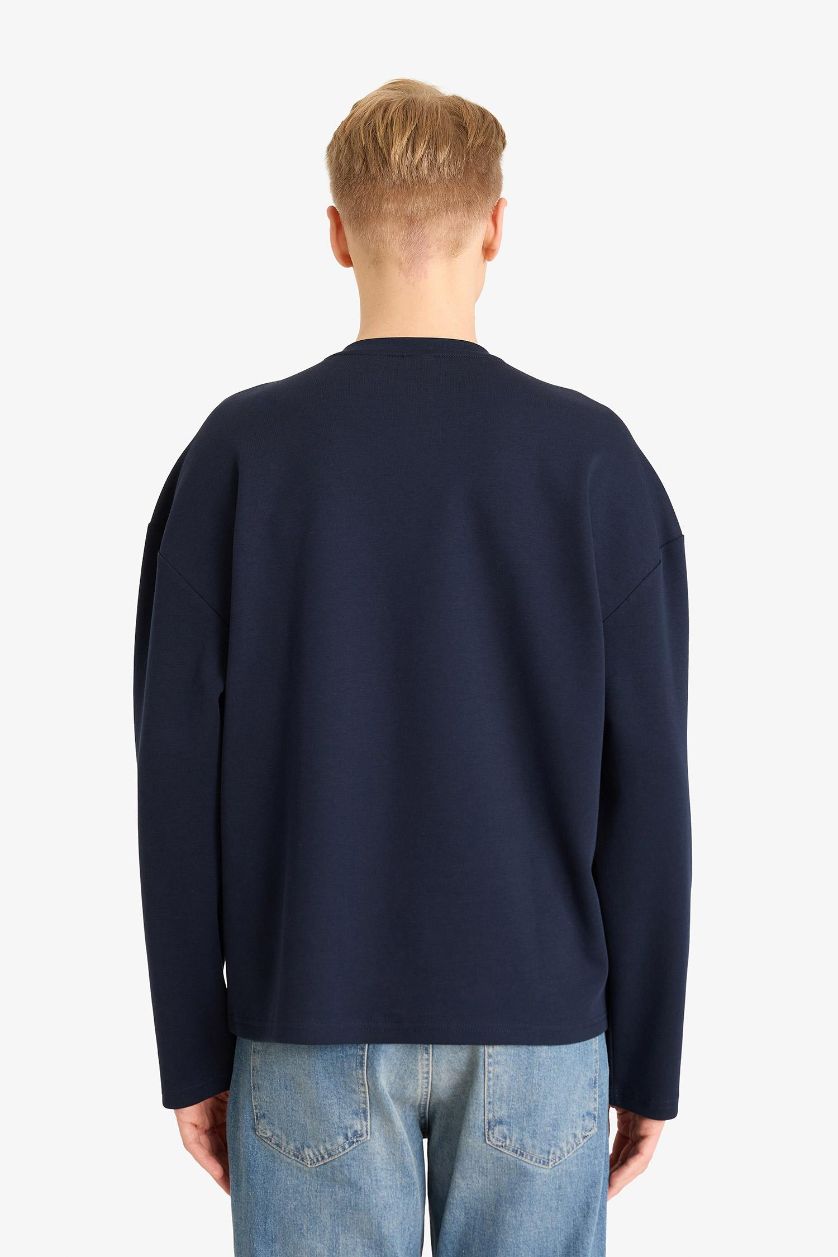 Erkek Lacivert Boxy Fit V Yaka Baskılı Sweatshirt