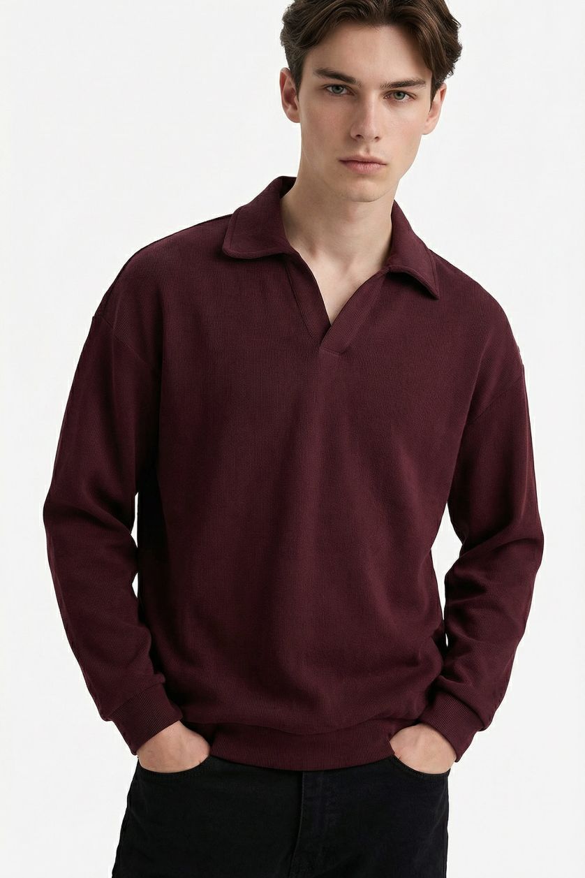 Erkek Koyu Bordo Boxy Fıt Polo Yaka Sweatshirt