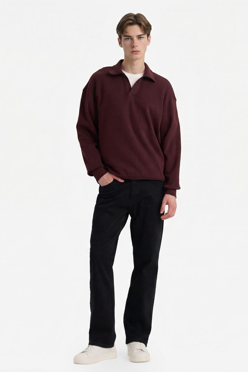 Erkek Koyu Bordo Boxy Fıt Polo Yaka Sweatshirt