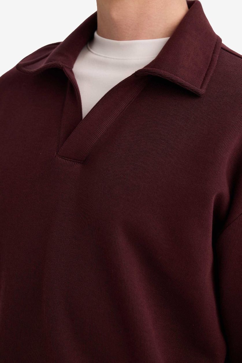 Erkek Koyu Bordo Boxy Fıt Polo Yaka Sweatshirt