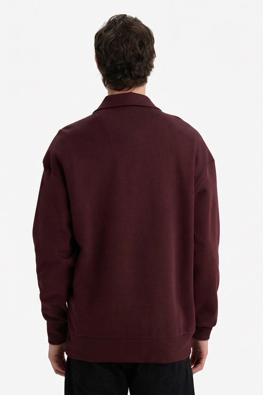 Erkek Koyu Bordo Boxy Fıt Polo Yaka Sweatshirt