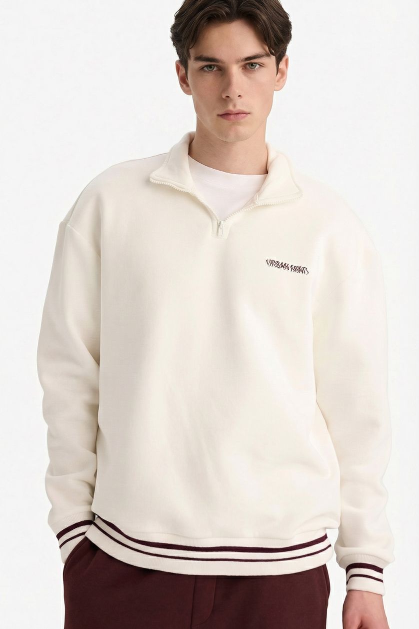 MAN Ecru Boxy Fit Stand Collar Slogan Printed Sweatshirt