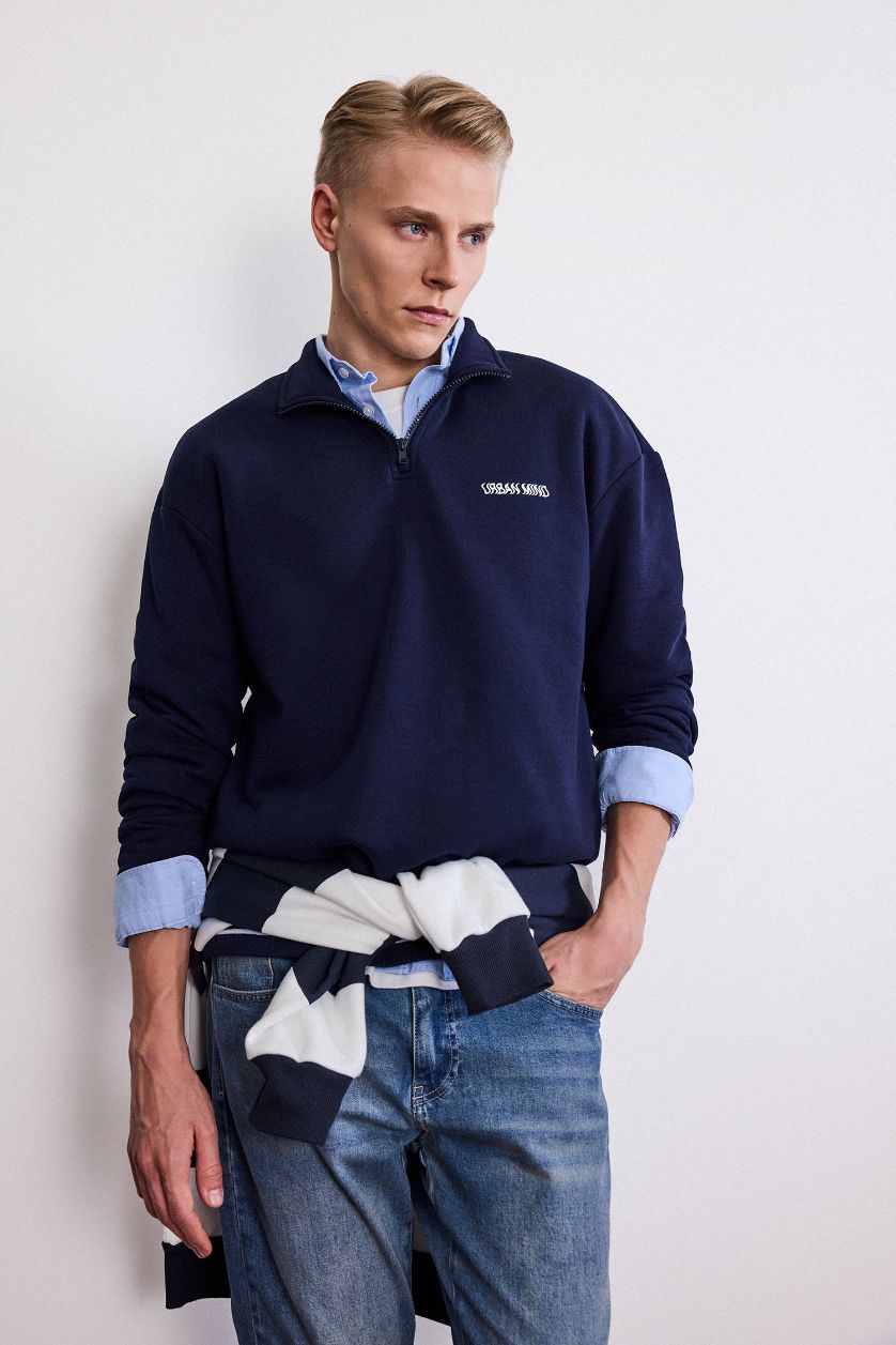 رجال كحلي سويت شيرت بطبعة شعار أوفر سايز برقبة عالية بنصف سحاب