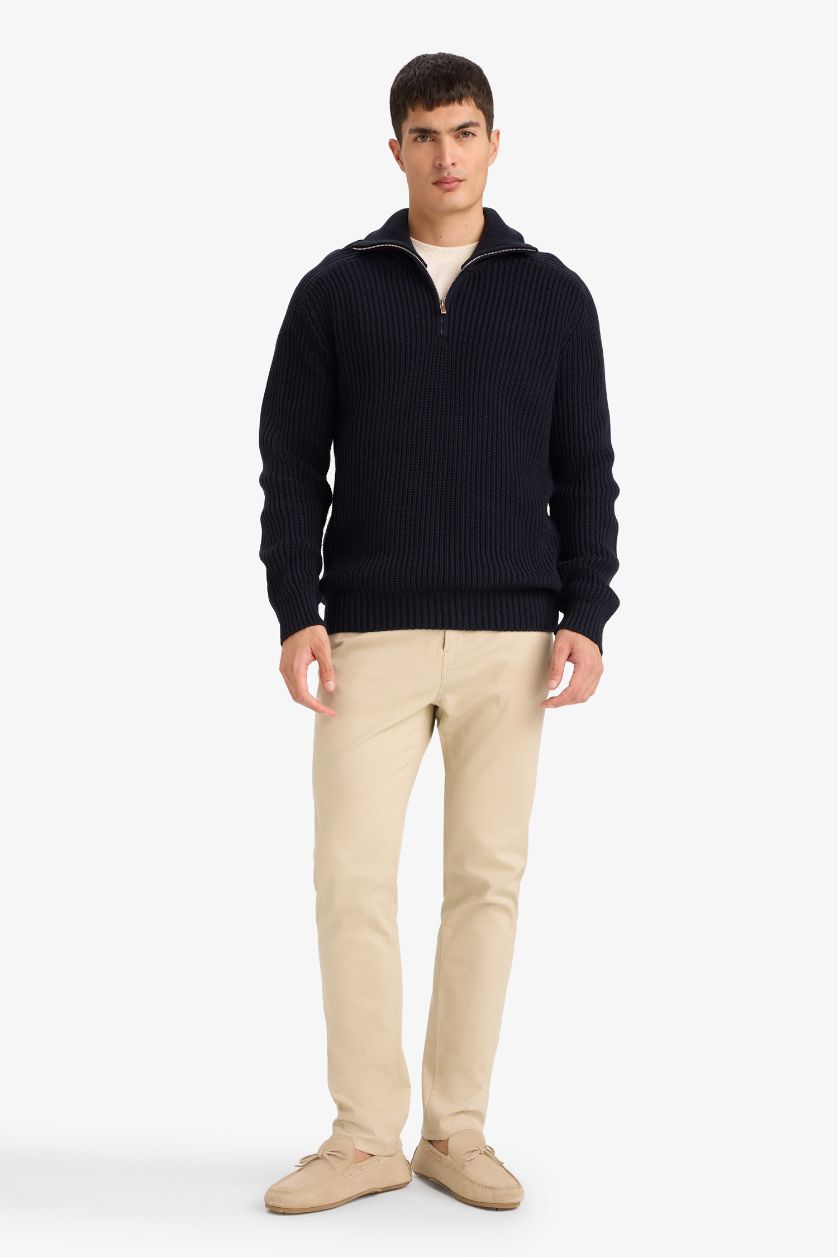 Erkek Lacivert Standart Fit Yarım Fermuarlı Triko Kazak