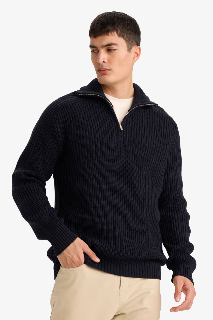 Erkek Lacivert Standart Fit Yarım Fermuarlı Triko Kazak