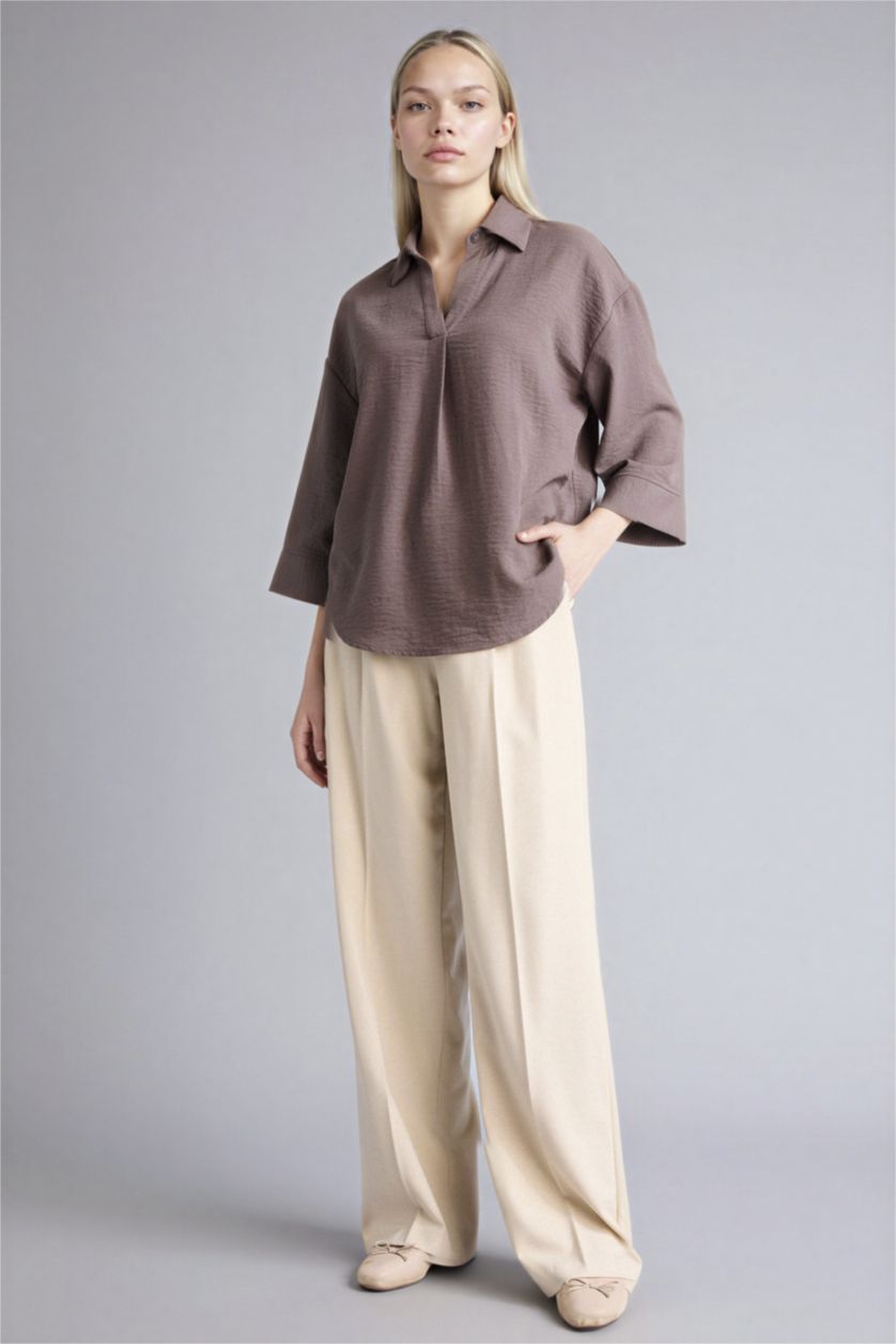 WOMAN Brown Regular Fit Shirt Collar Long Sleeve Blouse