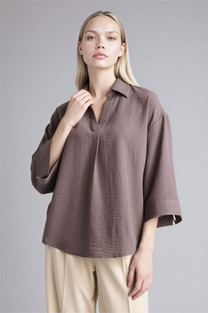 WOMAN Brown Regular Fit Shirt Collar Long Sleeve Blouse