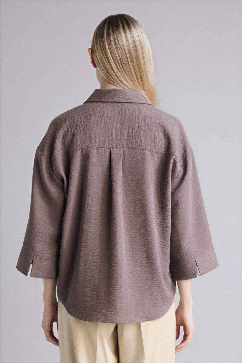 WOMAN Brown Regular Fit Shirt Collar Long Sleeve Blouse