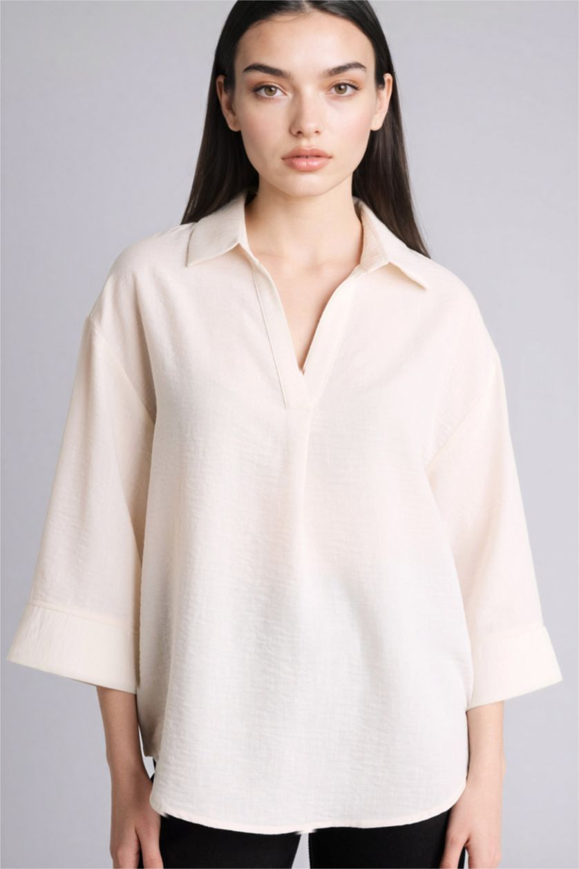 WOMAN Ecru Regular Fit Shirt Collar Long Sleeve Blouse