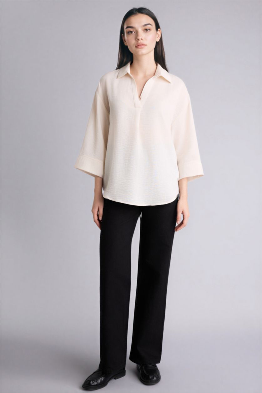 WOMAN Ecru Regular Fit Shirt Collar Long Sleeve Blouse