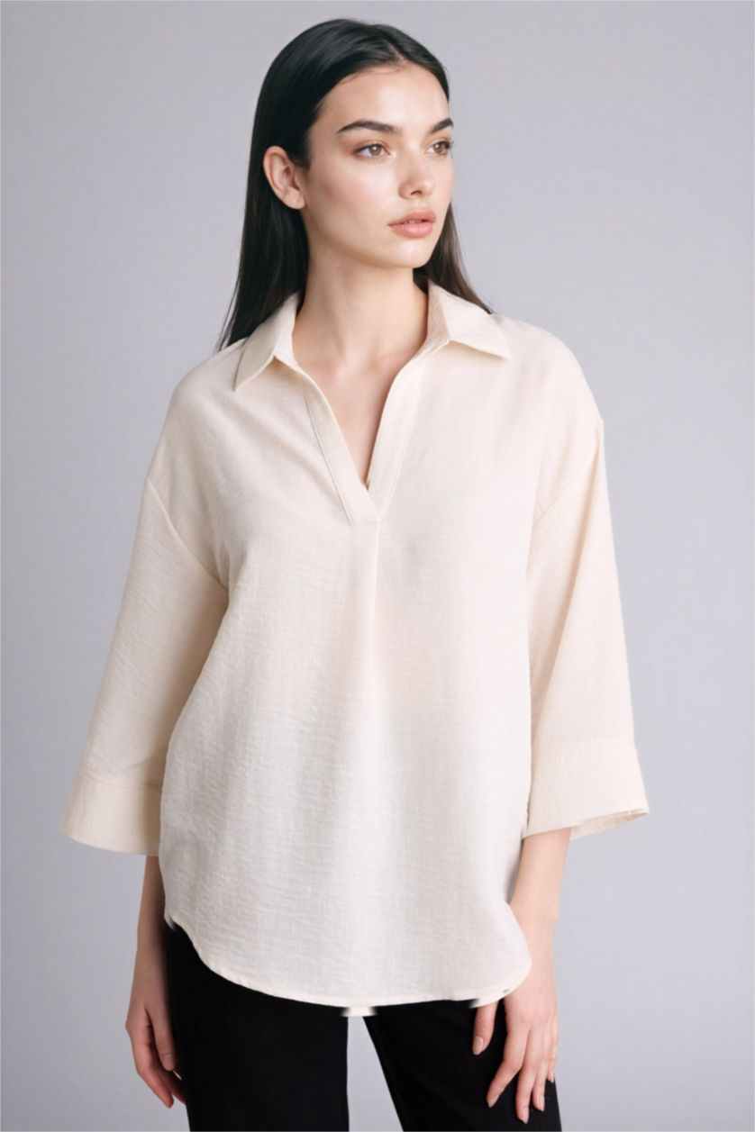 WOMAN Ecru Regular Fit Shirt Collar Long Sleeve Blouse