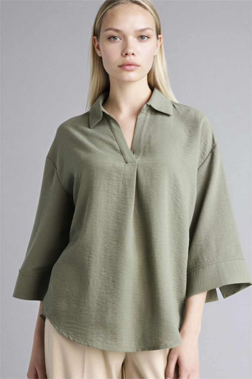 WOMAN Khaki Regular Fit Shirt Collar Long Sleeve Blouse