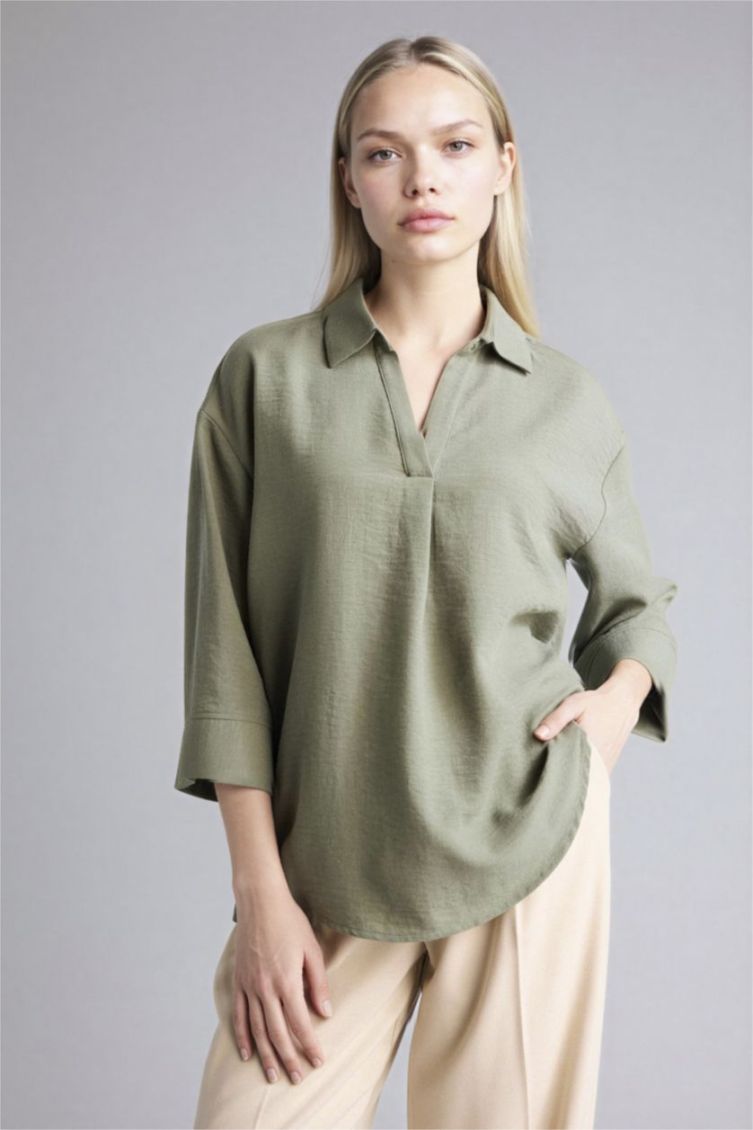 WOMAN Khaki Regular Fit Shirt Collar Long Sleeve Blouse