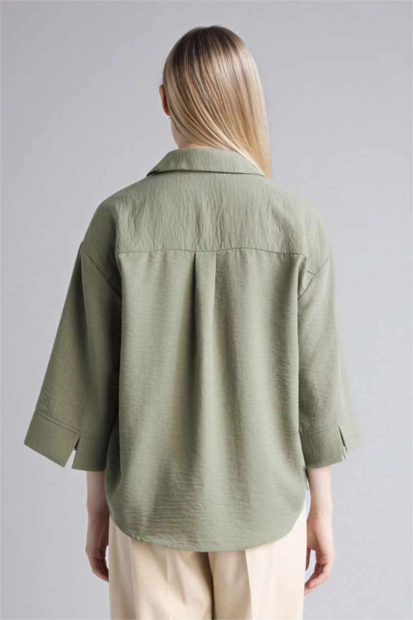 WOMAN Khaki Regular Fit Shirt Collar Long Sleeve Blouse