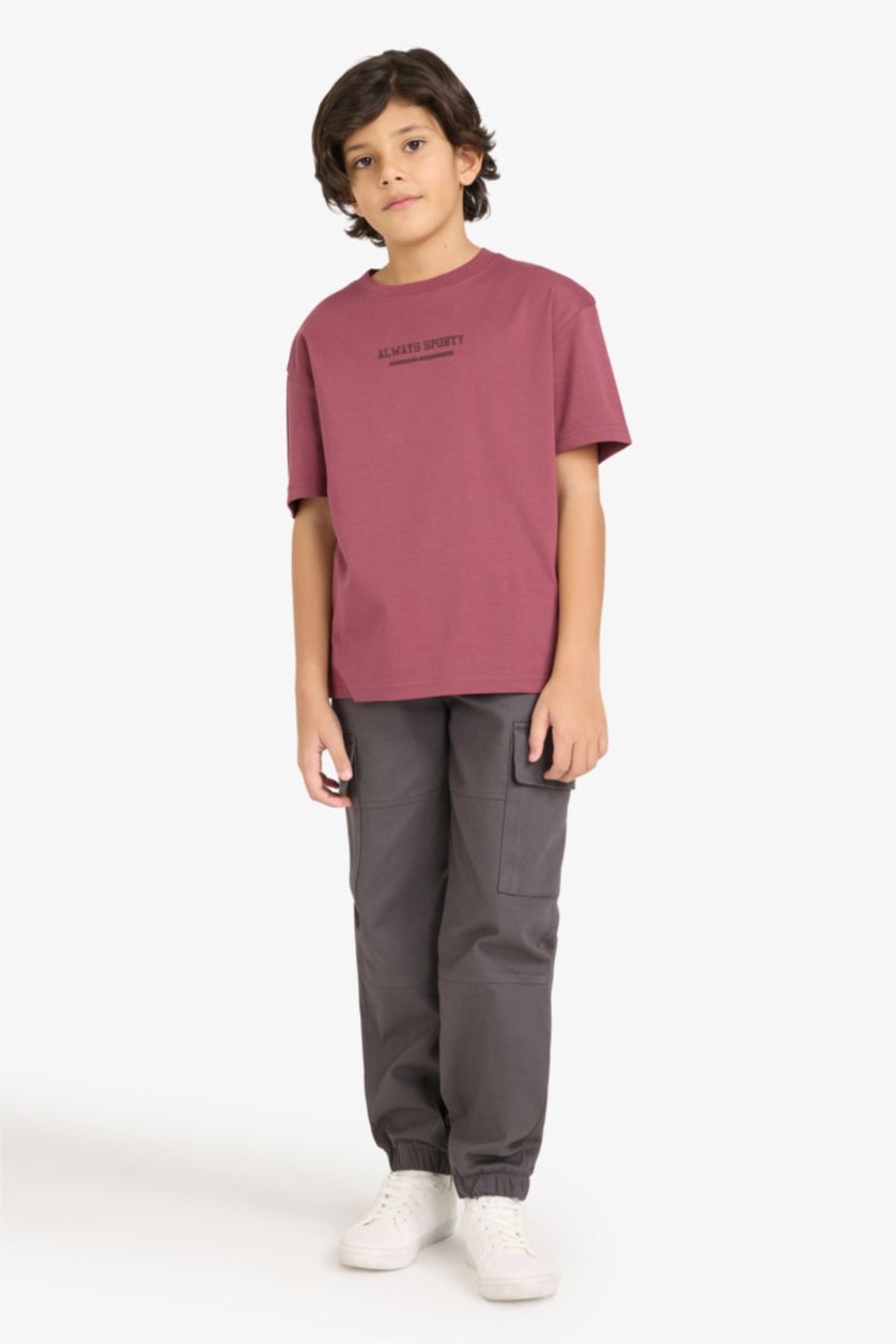 Erkek Çocuk - Genç Erkek Açık Bordo Slogan Baskılı Kısa Kollu Tişört Erkek Çocuk