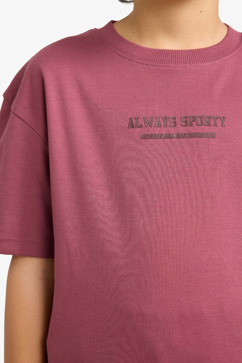 Erkek Çocuk - Genç Erkek Açık Bordo Slogan Baskılı Kısa Kollu Tişört Erkek Çocuk