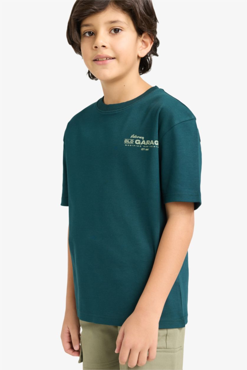 BOYS & TEENS Dark Green Boy Oversize Fit Crepe Neck Slogan Printed T-Shirt