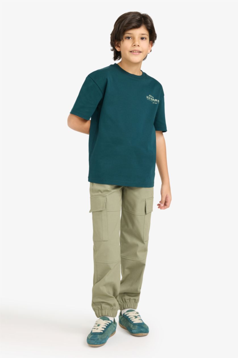 BOYS & TEENS Dark Green Boy Oversize Fit Crepe Neck Slogan Printed T-Shirt