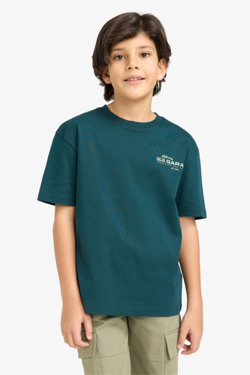 BOYS & TEENS Dark Green Boy Oversize Fit Crepe Neck Slogan Printed T-Shirt
