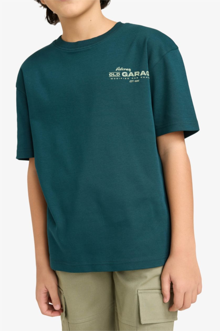 BOYS & TEENS Dark Green Boy Oversize Fit Crepe Neck Slogan Printed T-Shirt