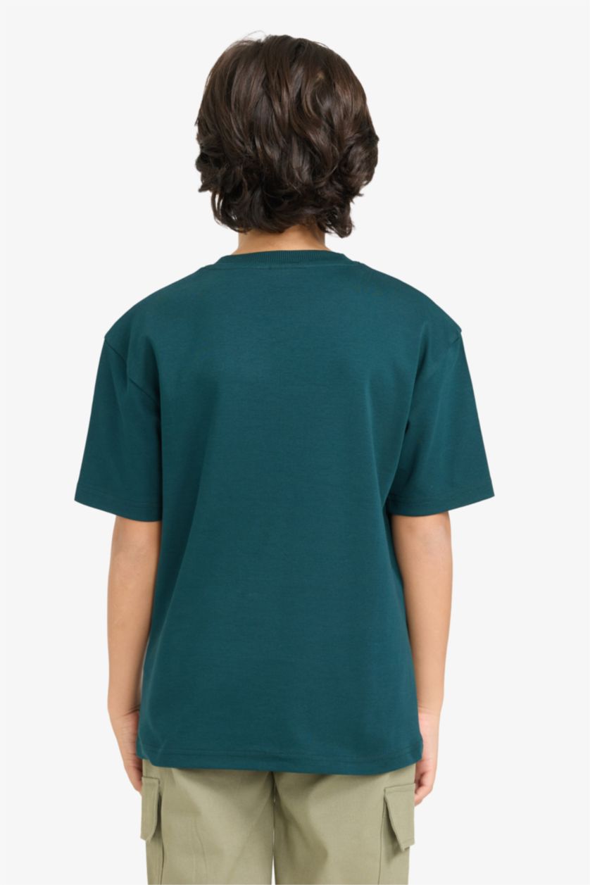 BOYS & TEENS Dark Green Boy Oversize Fit Crepe Neck Slogan Printed T-Shirt