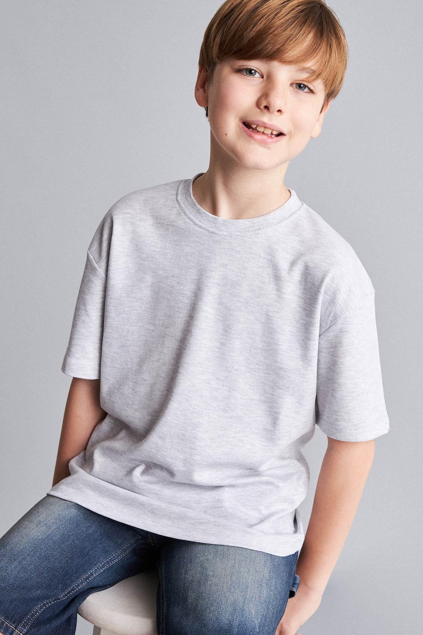 Boys & Teens Light Grey Melange Boy Oversize Crew Neck Basic T-Shirt