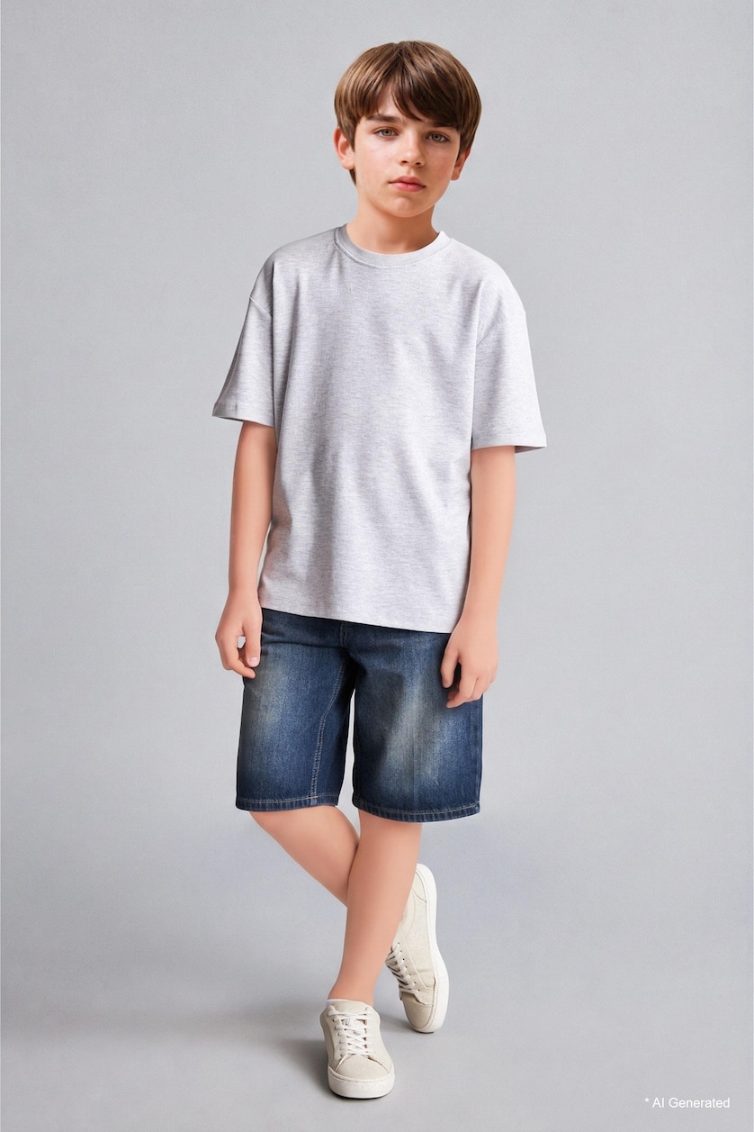 BOYS & TEENS Light Grey Melange Boy Oversize Crew Neck Basic T-Shirt
