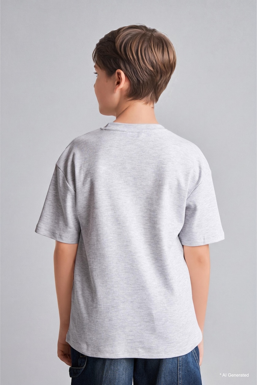 BOYS & TEENS Light Grey Melange Boy Oversize Crew Neck Basic T-Shirt