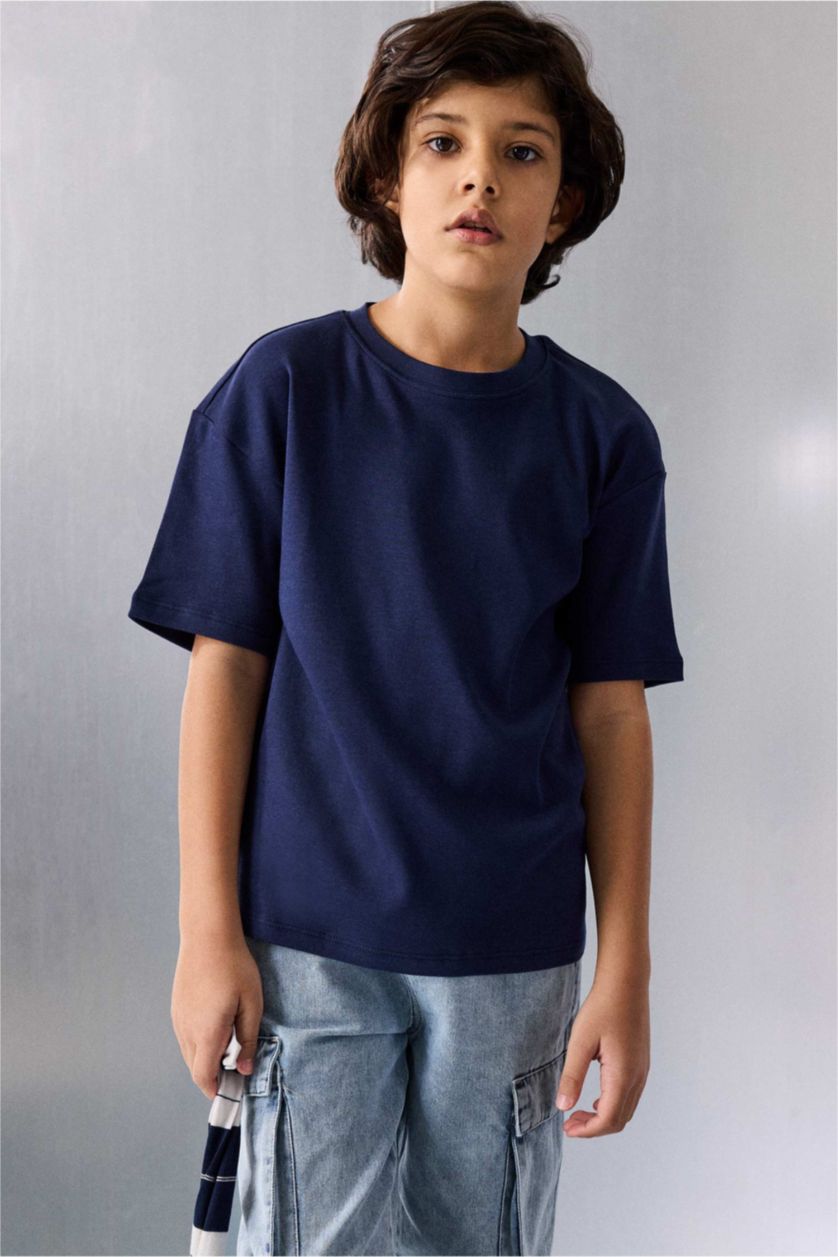 Erkek Çocuk - Genç Erkek Lacivert Premıum Oversıze Kalın Tişört Erkek Çocuk