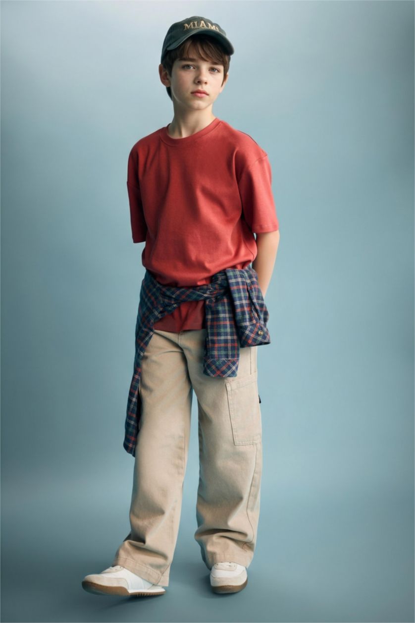 Ұлдар Және Жасөспірімдер Қою Қызғылт Сары Ер балаларға арналған Oversize дөңгелек жағалы қысқа жеңді футболка