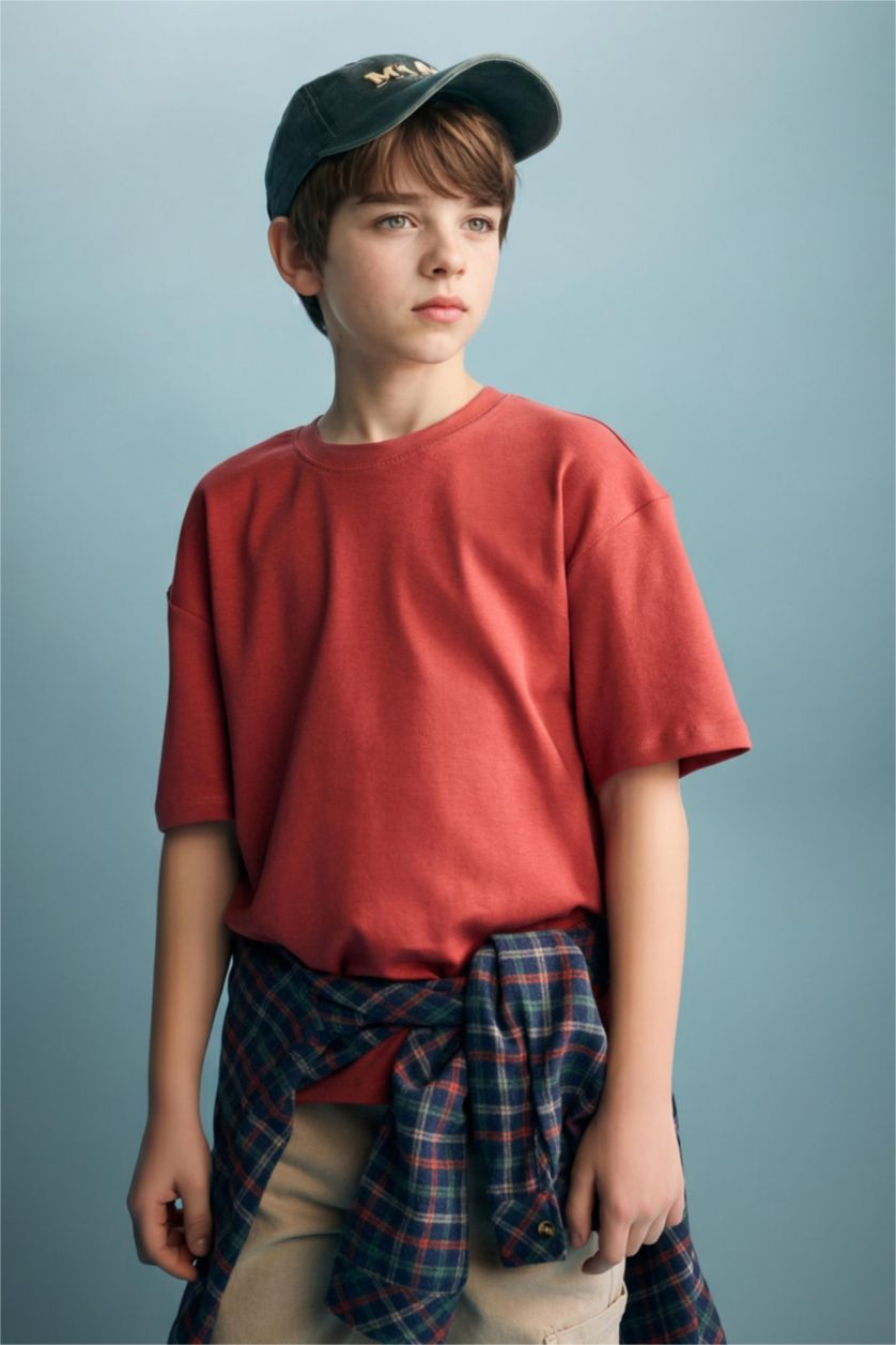 Ұлдар Және Жасөспірімдер Қою Қызғылт Сары Ер балаларға арналған Oversize дөңгелек жағалы қысқа жеңді футболка