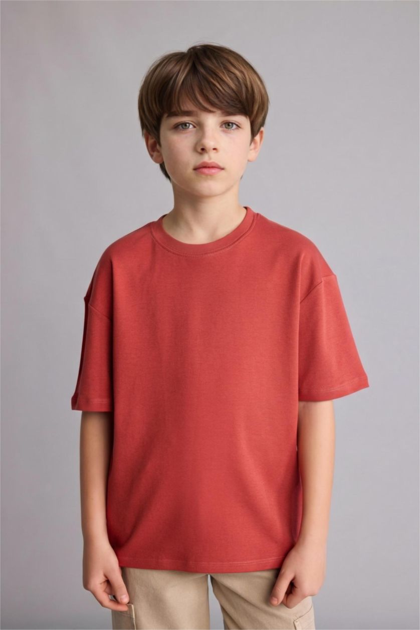 Ұлдар Және Жасөспірімдер Қою Қызғылт Сары Ер балаларға арналған Oversize дөңгелек жағалы қысқа жеңді футболка