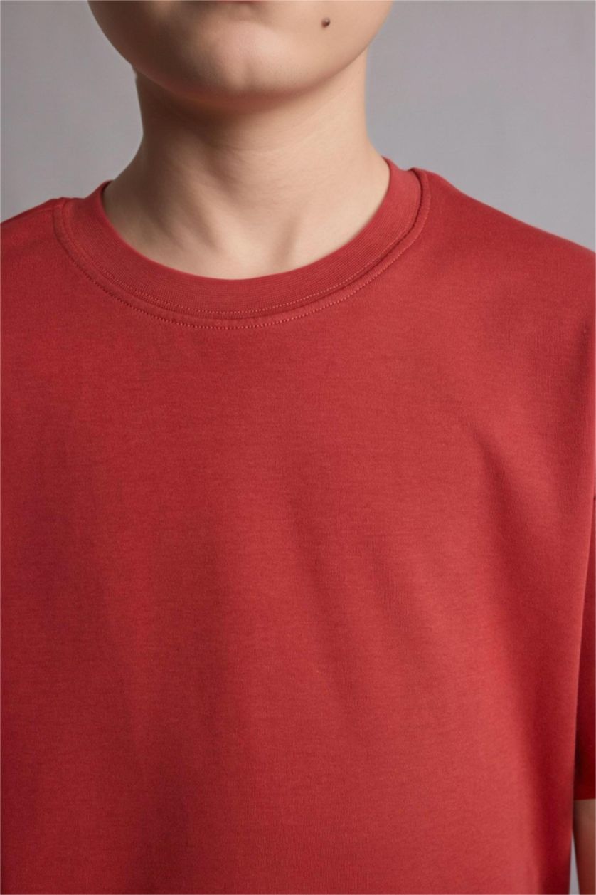 Ұлдар Және Жасөспірімдер Қою Қызғылт Сары Ер балаларға арналған Oversize дөңгелек жағалы қысқа жеңді футболка